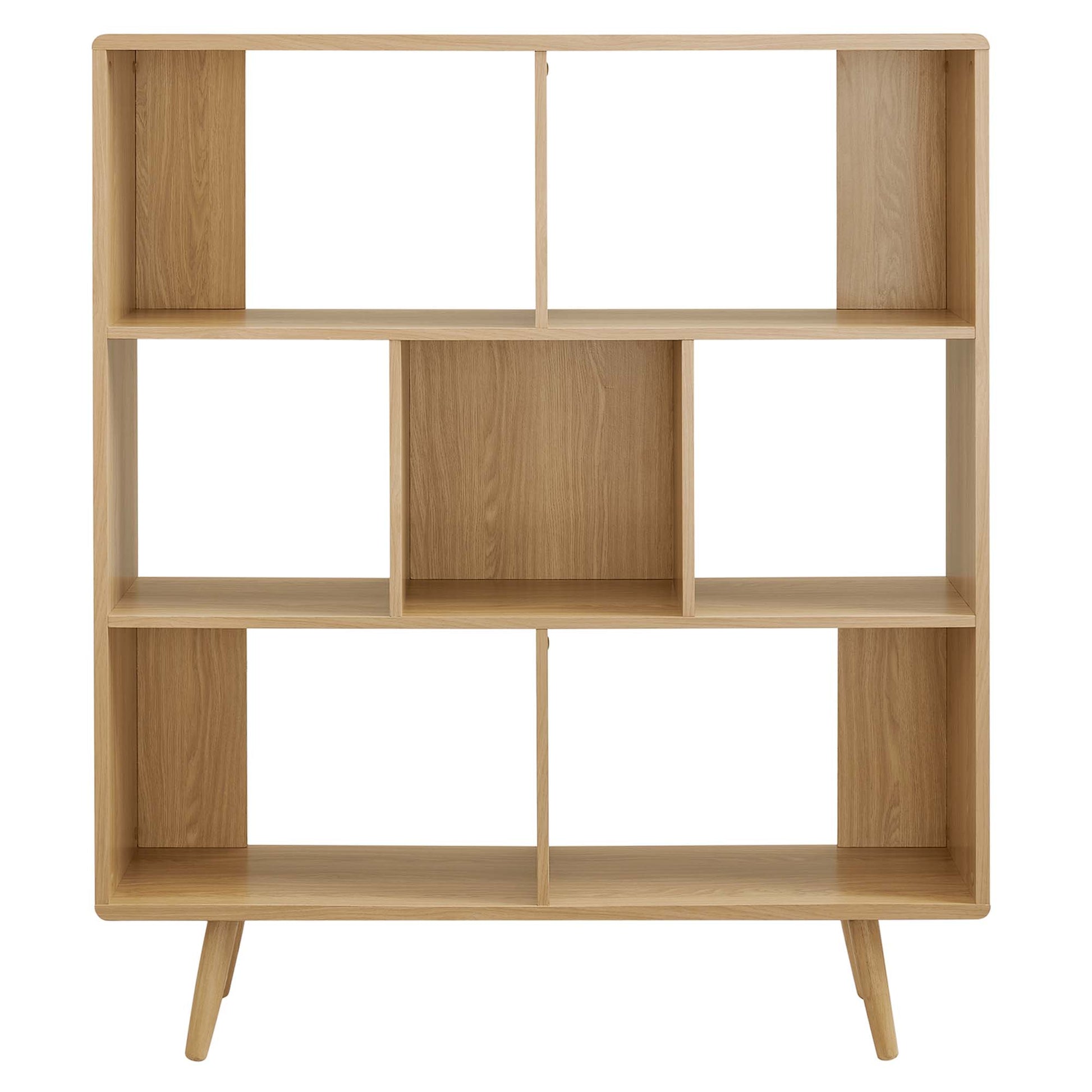 Light oak wooden bookshelf with multiple open cubby compartments and angled mid-century legs.