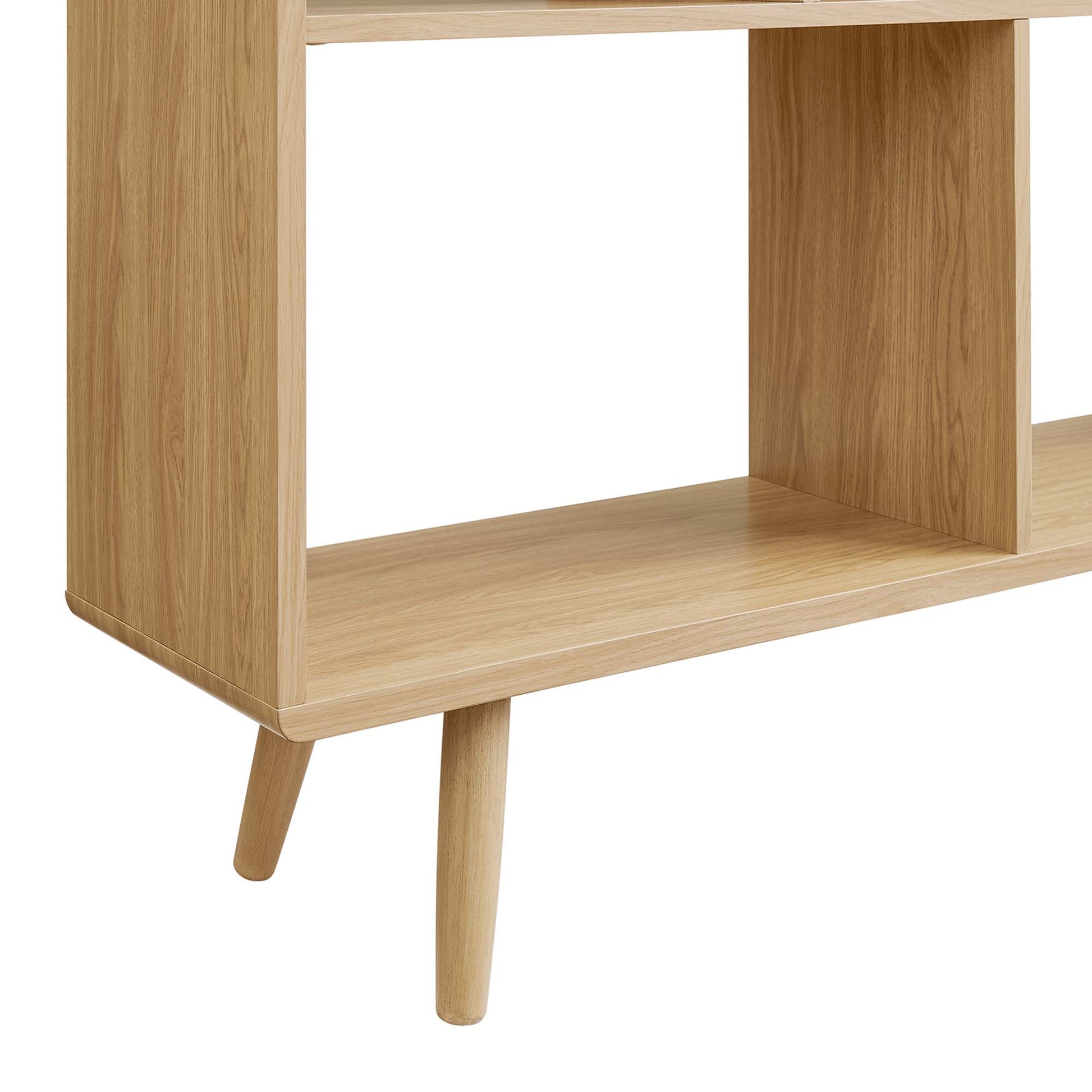 Light oak wood grain bookcase with seven shelves in a mid-century style.