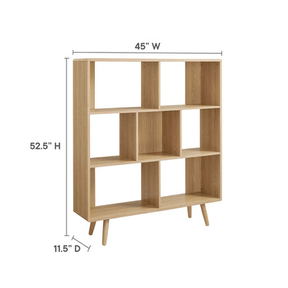 Oak wood grain 7-shelf bookcase with angled mid-century legs; 45W x 52.5H x 11.5D
