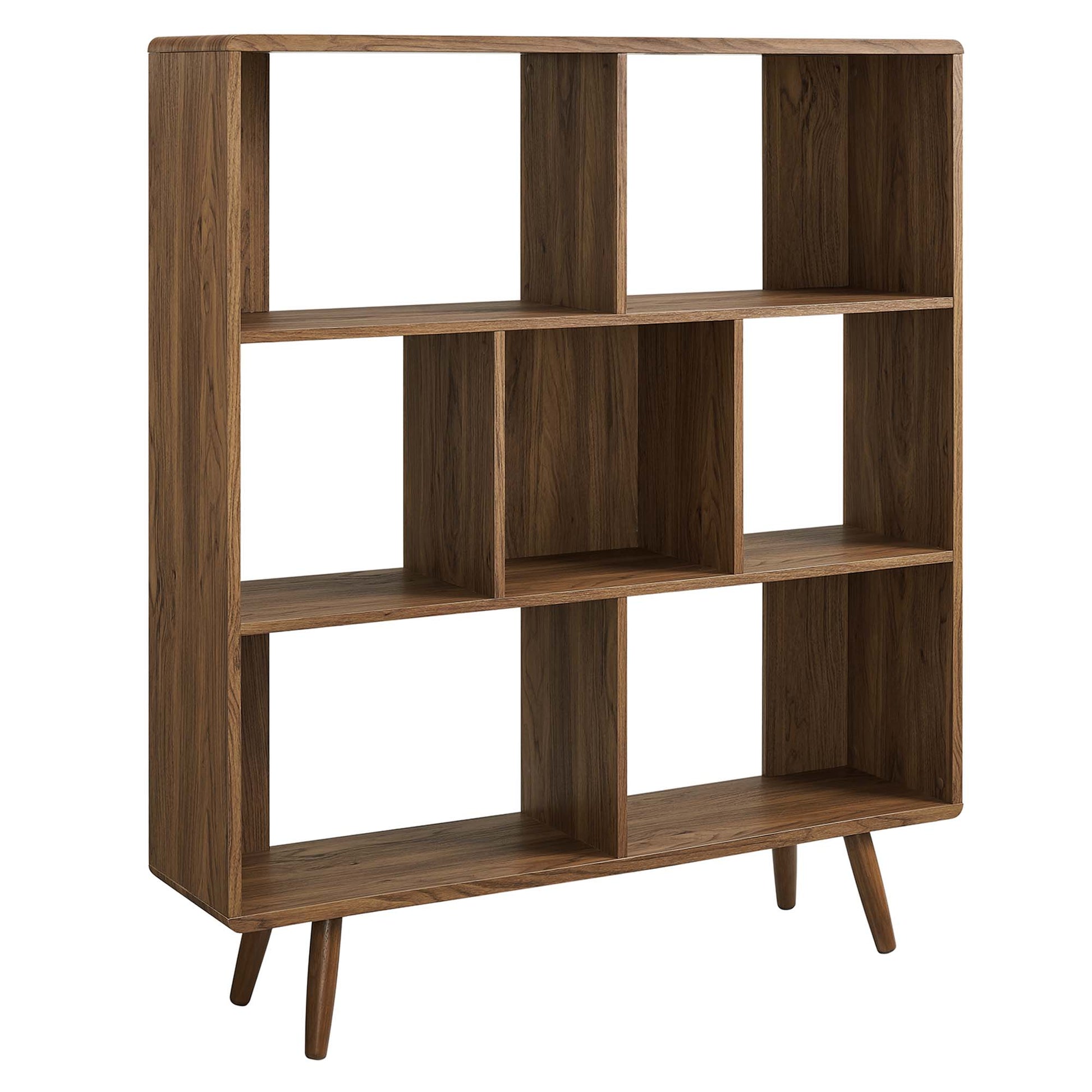 Wood-grain seven-shelf bookcase for display or storage.