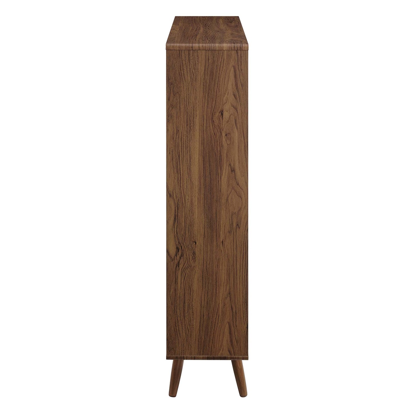 Walnut-finish 7-shelf wood-grain bookcase with slim profile, mid-century modern style, raised tapered legs.