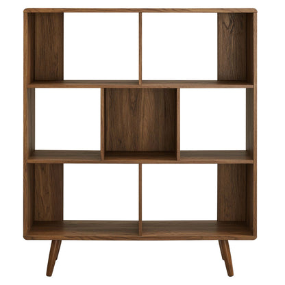 Walnut wood 7-shelf mid-century modern bookcase with angled legs.