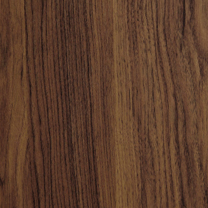 Walnut wood grain texture in deep brown with pronounced vertical streaks on a 7-shelf wood bookcase.
