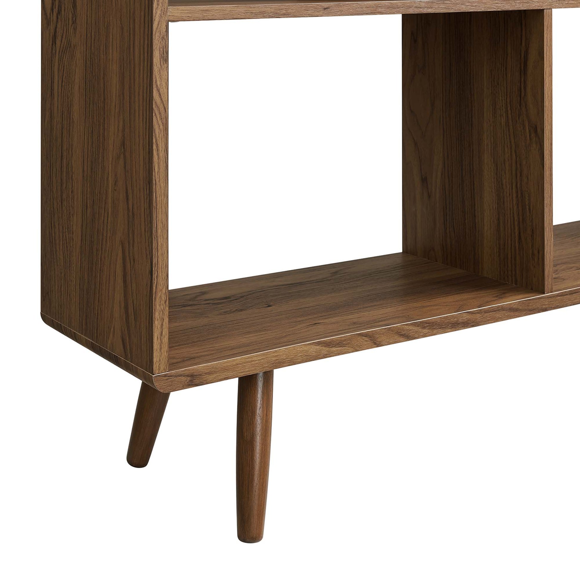 Brown wood-grain 7-shelf bookcase.