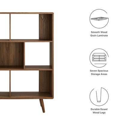 Walnut finish bookshelf with seven open cubbies & slim tapered legs for living room or office.