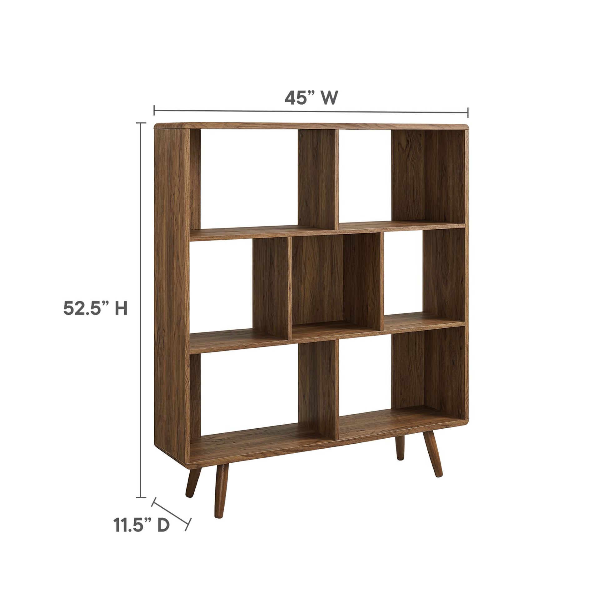 Brown wood-grain bookcase with 7 shelves and angled mid-century legs, 45"W x 52.5"H x 11.5"D.
