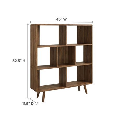 Brown wood-grain bookcase with 7 shelves and angled mid-century legs, 45"W x 52.5"H x 11.5"D.