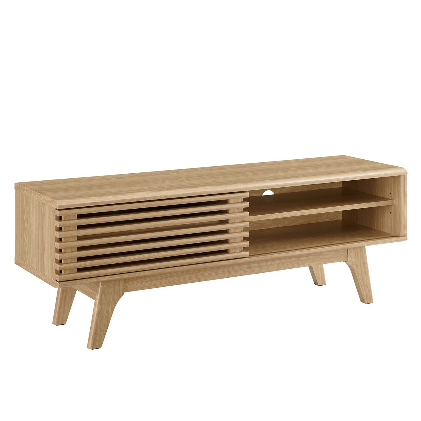 Oak mid-century TV stand with a slatted left door and two open shelves on tapered legs.