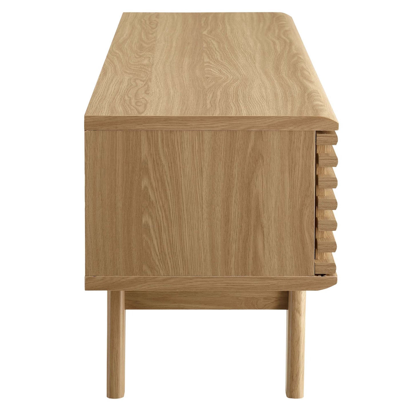 Oak wood TV stand with rectangular top, slender dowel legs, and a right-side slatted panel.