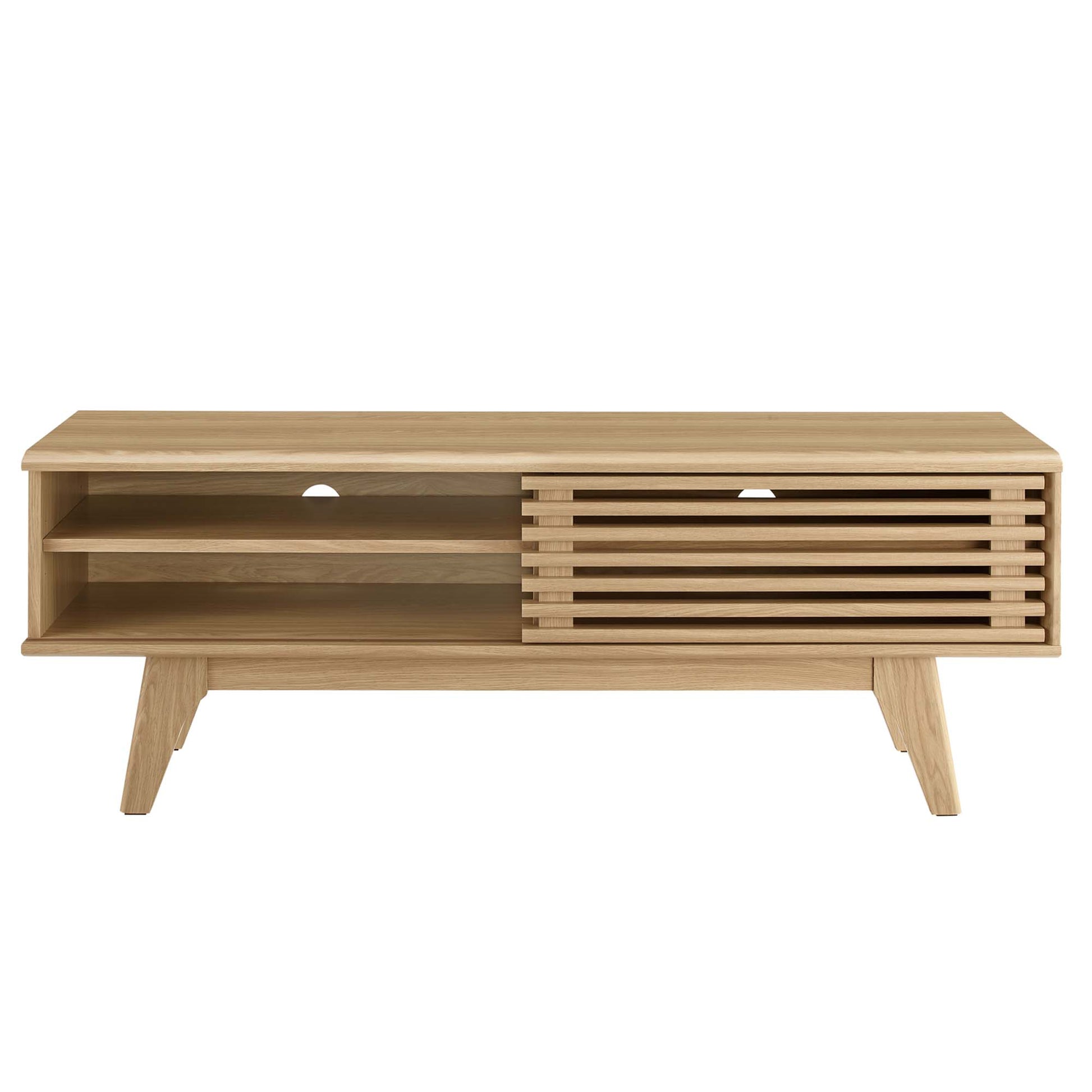 Oak wood TV stand with open left shelf, slatted right cabinet, mid-century legs, cable holes.