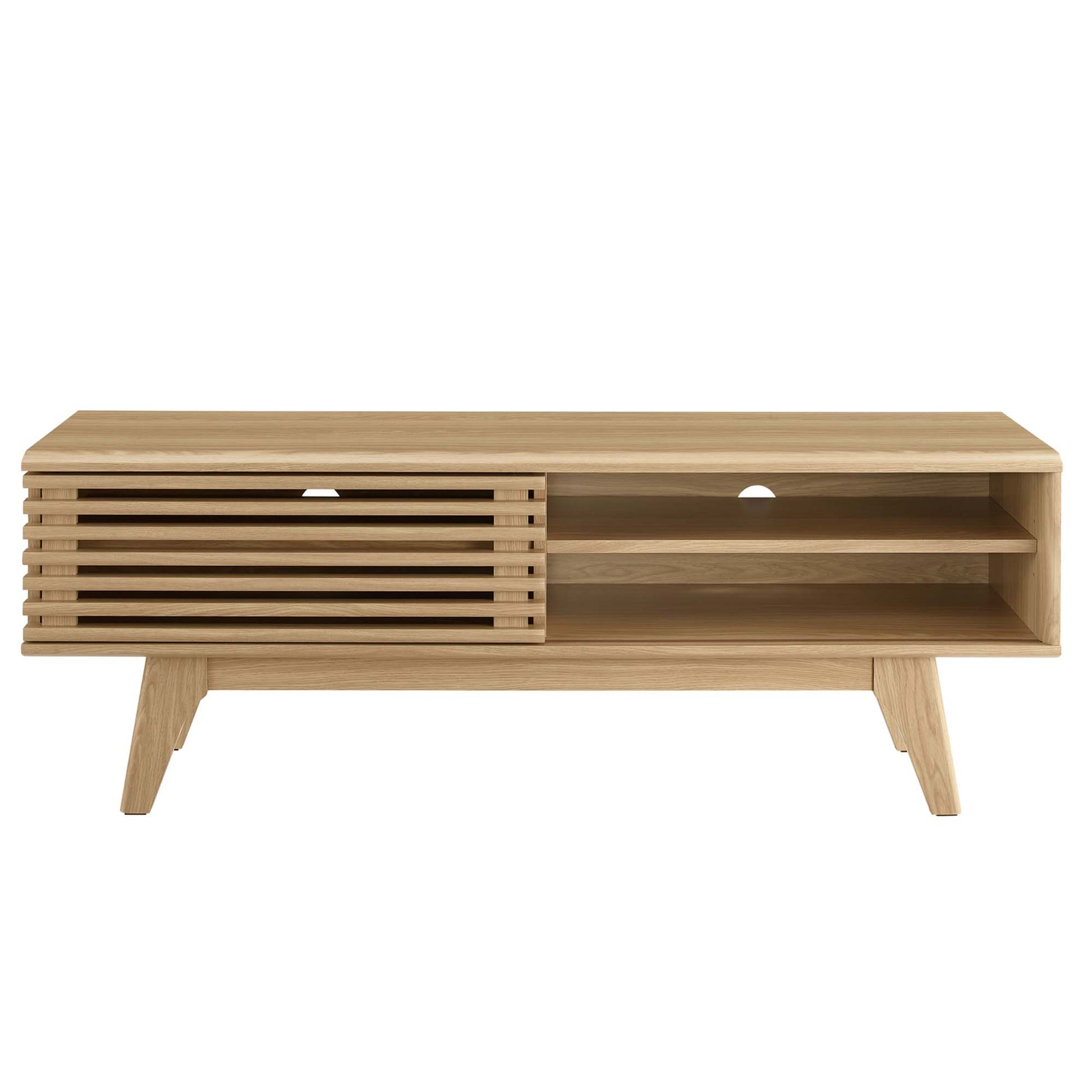 Brown TV stand with left slatted cabinet, right dual open shelves, cable openings, and mid-century angled legs.