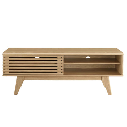 Brown TV stand with left slatted cabinet, right dual open shelves, cable openings, and mid-century angled legs.