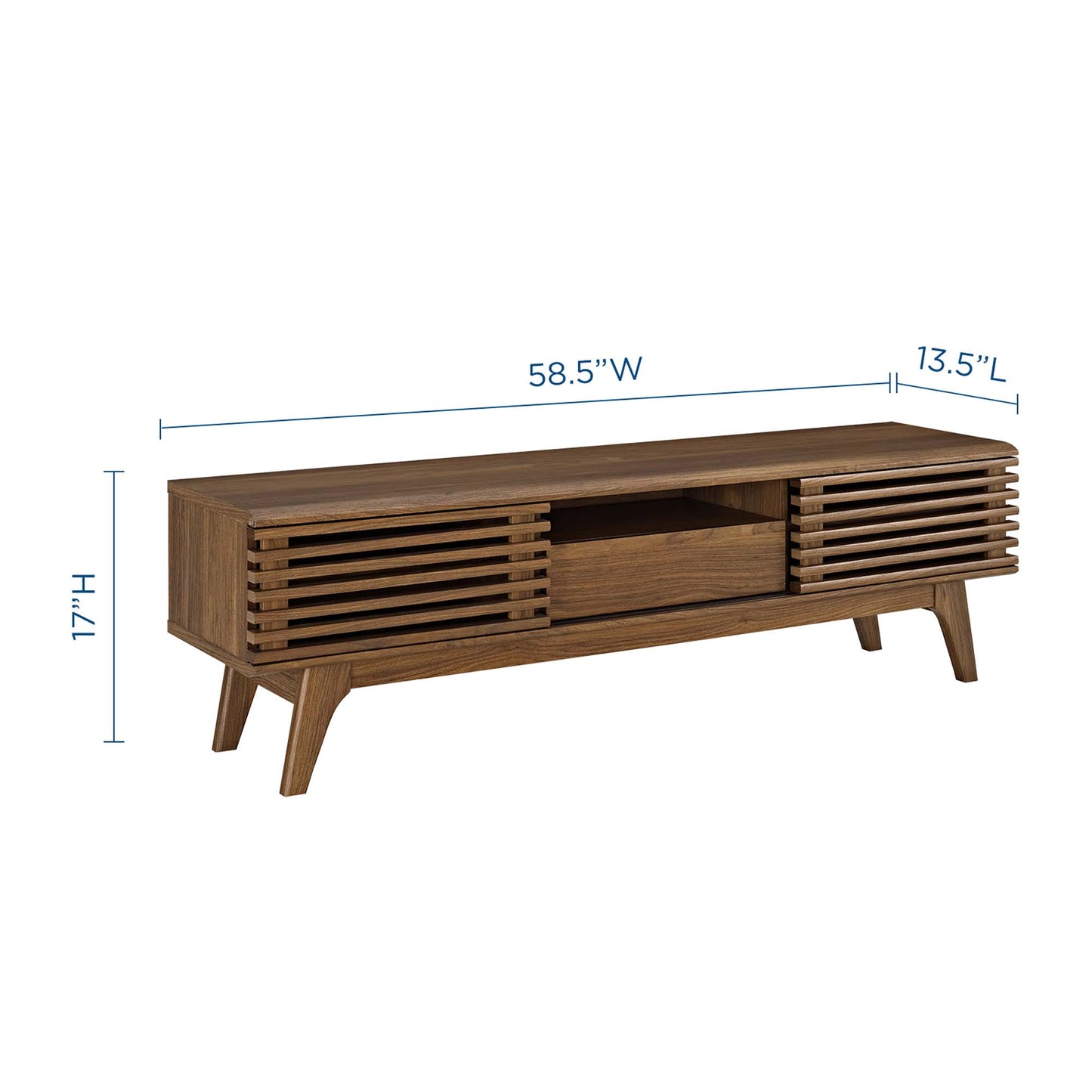 Walnut mid-century TV console with slatted side doors, open center shelf, and tapered legs; 58.5W x 17H x 13.5D.