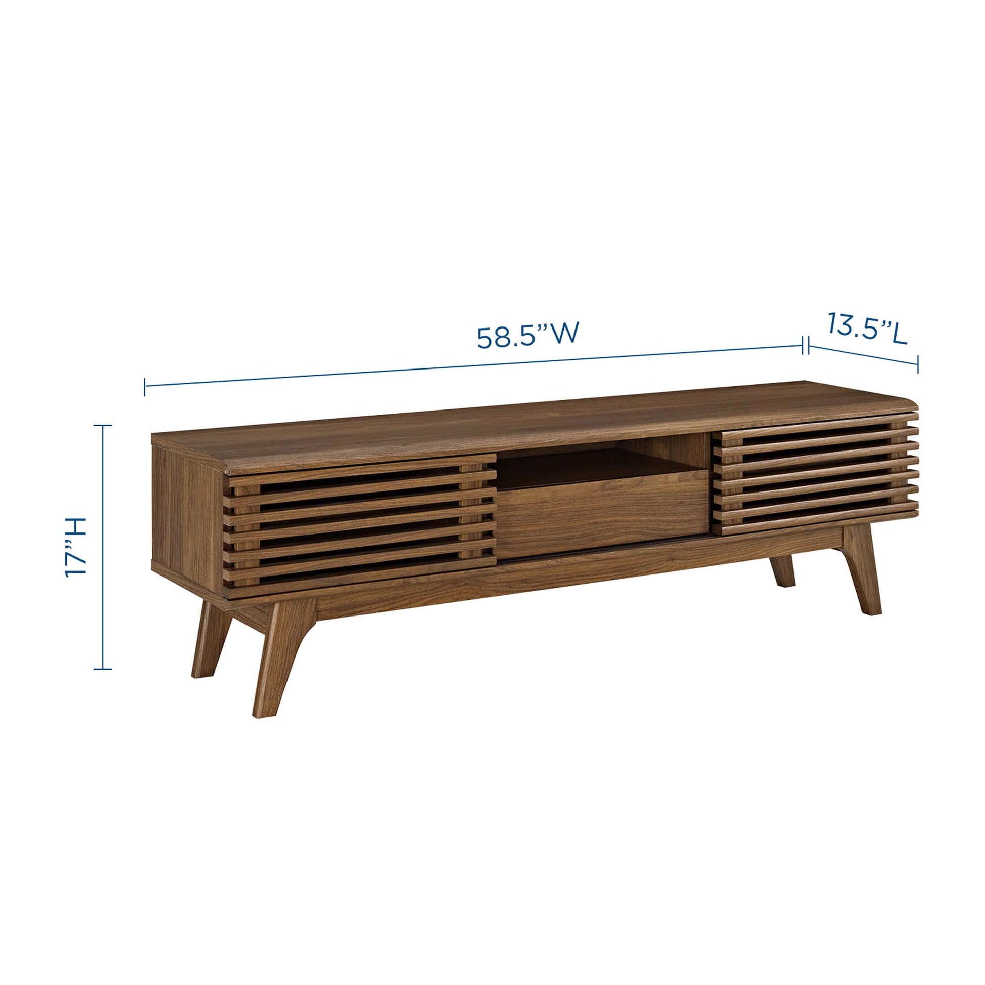 Walnut mid-century TV console with slatted side doors, open center shelf, and tapered legs; 58.5W x 17H x 13.5D.
