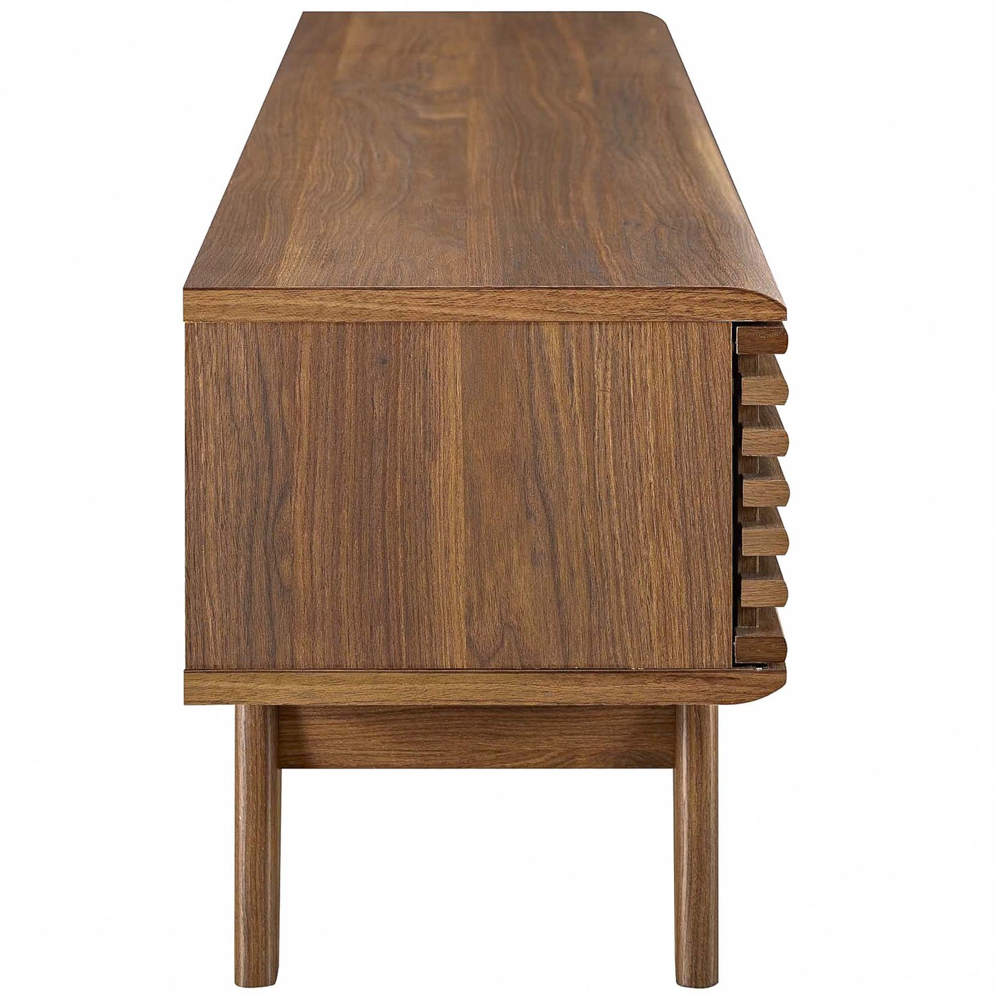 Walnut wood TV stand with rectangular top, tapered legs, and slatted right-side panel in mid-century modern style.