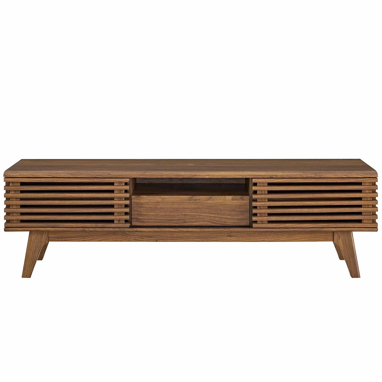 Walnut mid-century media console with slatted side panels, central open shelf and drawer, angled legs.