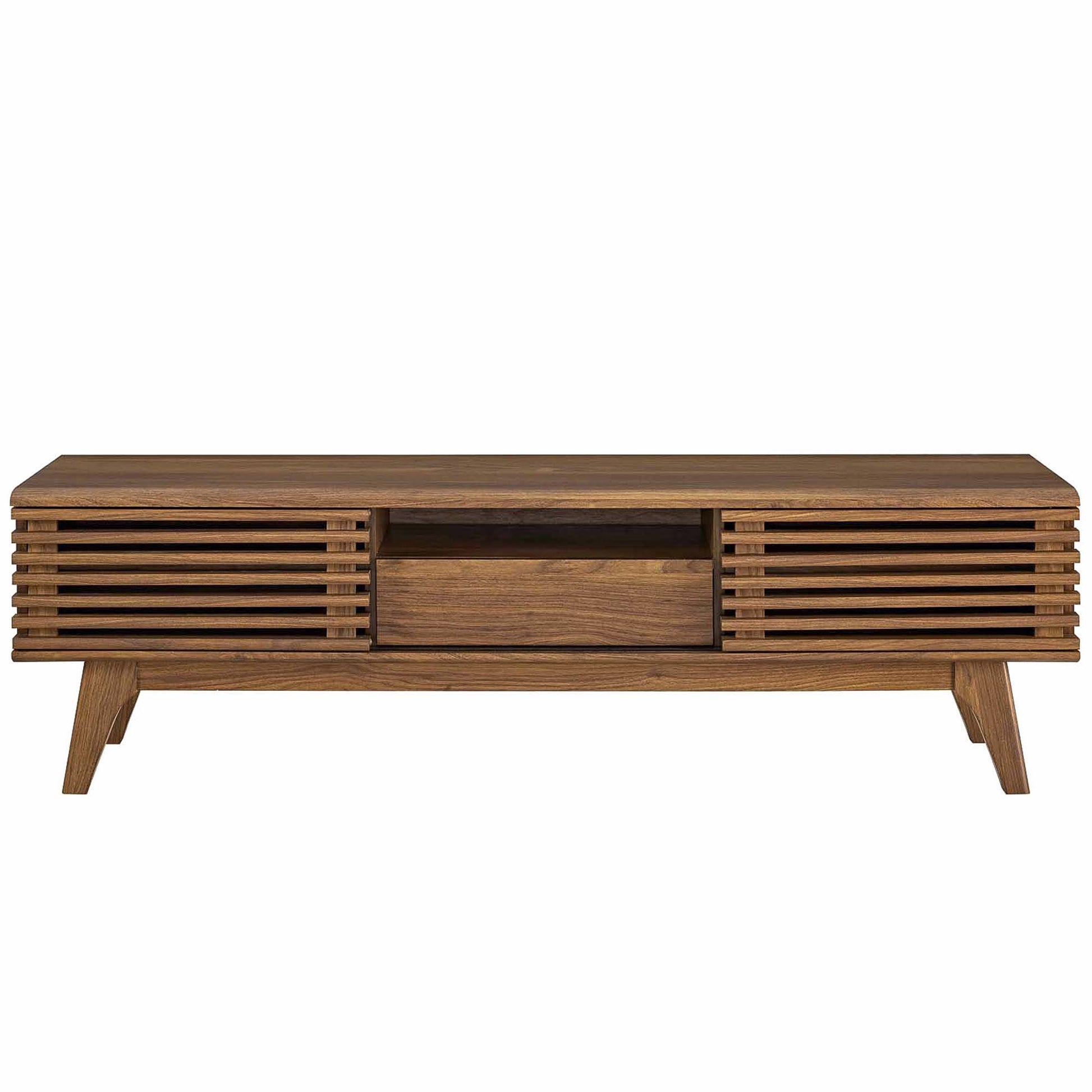 Walnut mid-century media console with slatted side panels, central open shelf and drawer, angled legs.