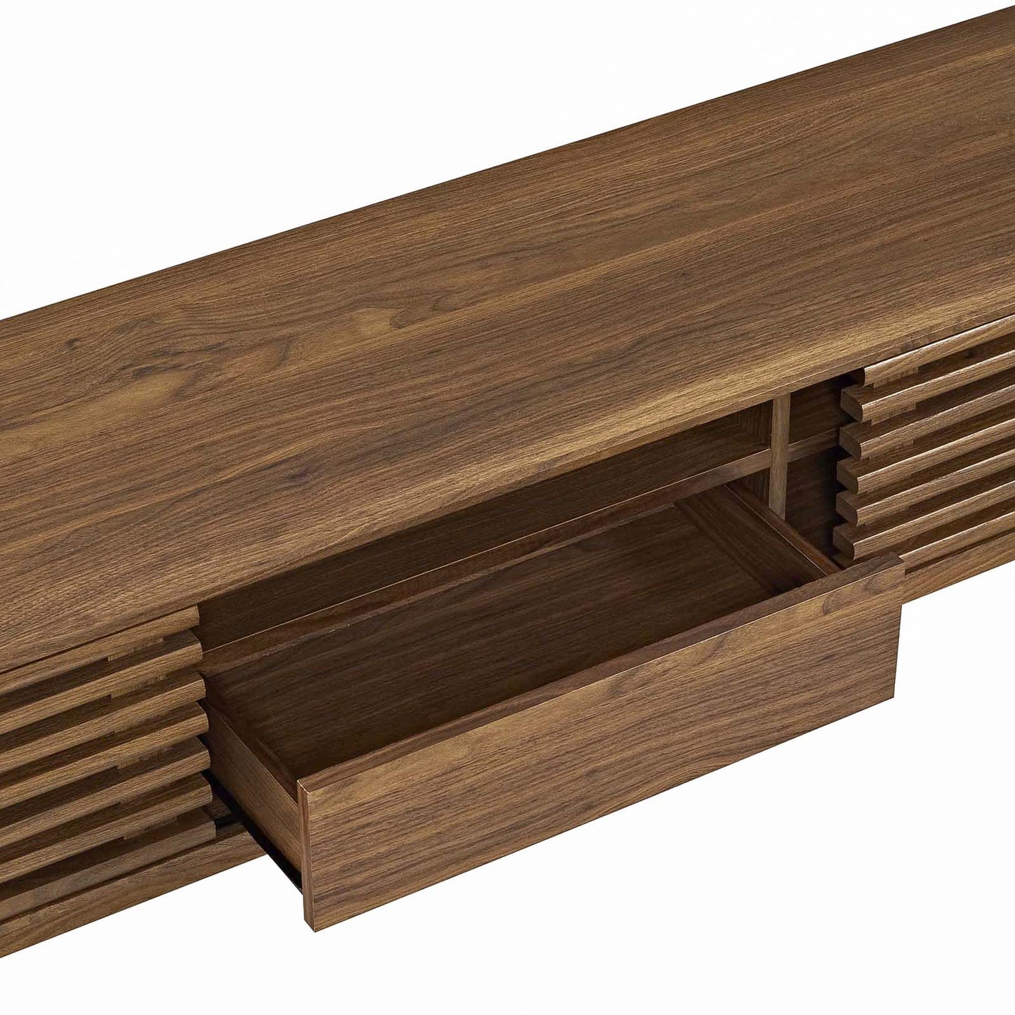 Walnut-finished TV stand with slatted side panels & a center pull-out drawer.