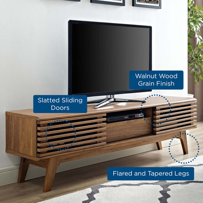 Walnut wood grain finish TV console with slatted sliding doors & flared tapered legs.