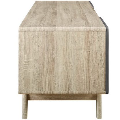 Natural gray wood grain TV stand, 59-inch long, with short legs and black trim.