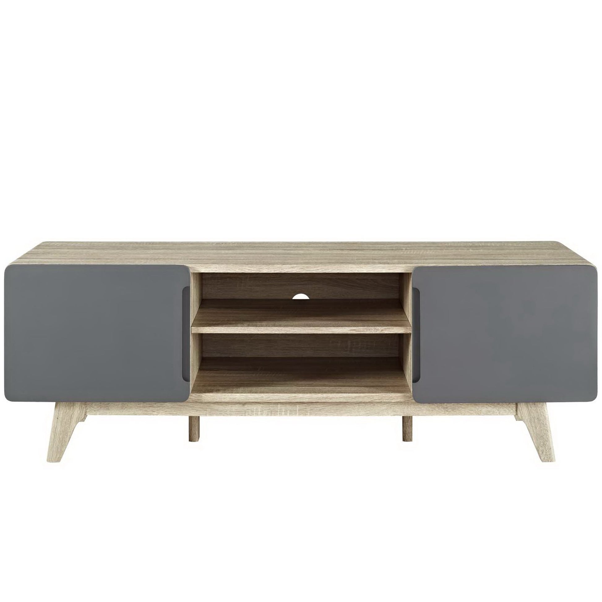 Mid-century gray TV stand with cabinet doors, two open shelves, cable hole, and angled legs.