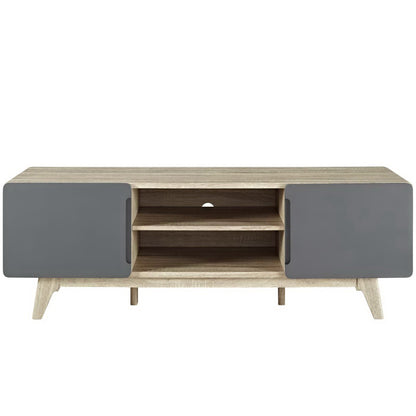 Mid-century gray TV stand with cabinet doors, two open shelves, cable hole, and angled legs.