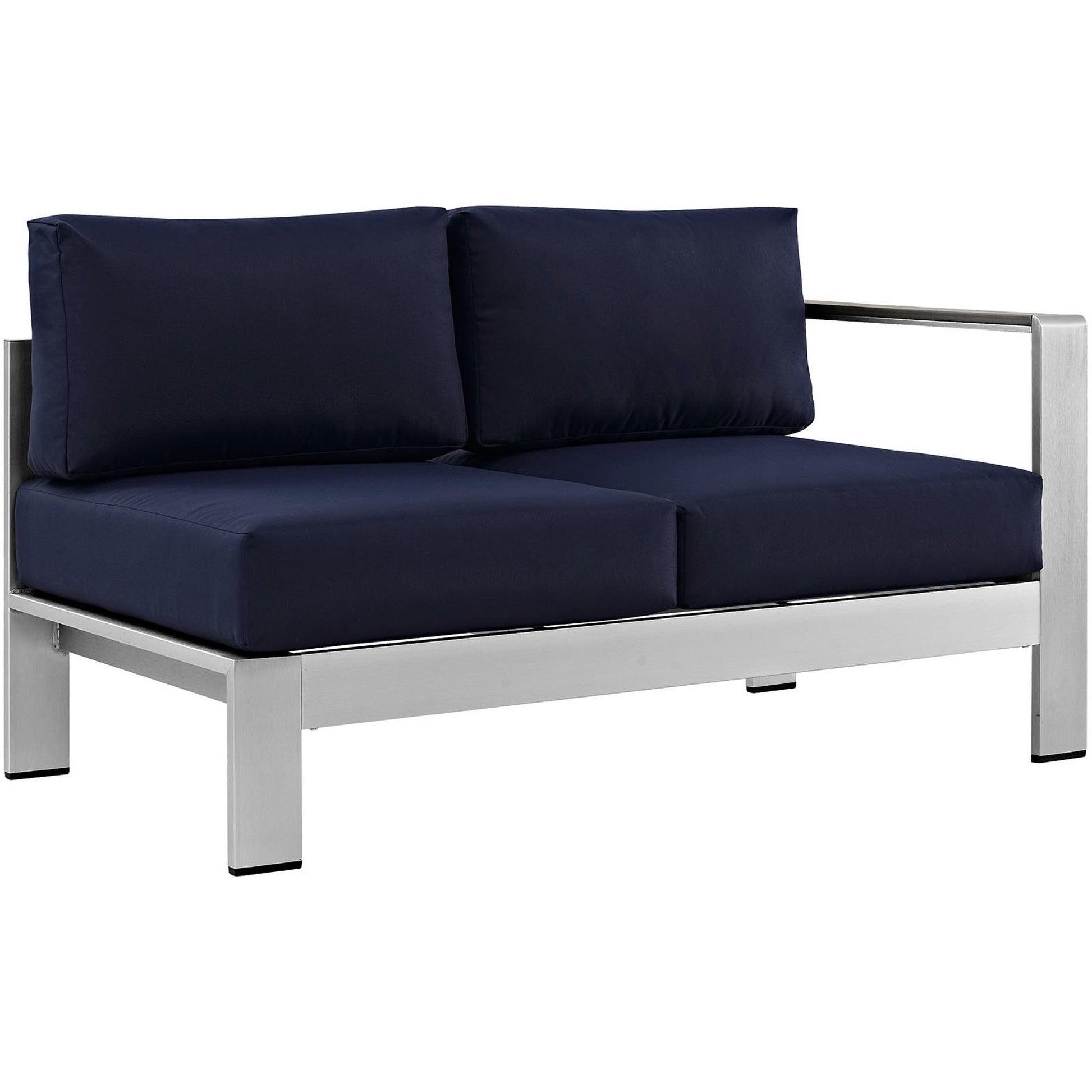 Outdoor aluminum sectional sofa set with navy cushions; 5-piece with square legs.