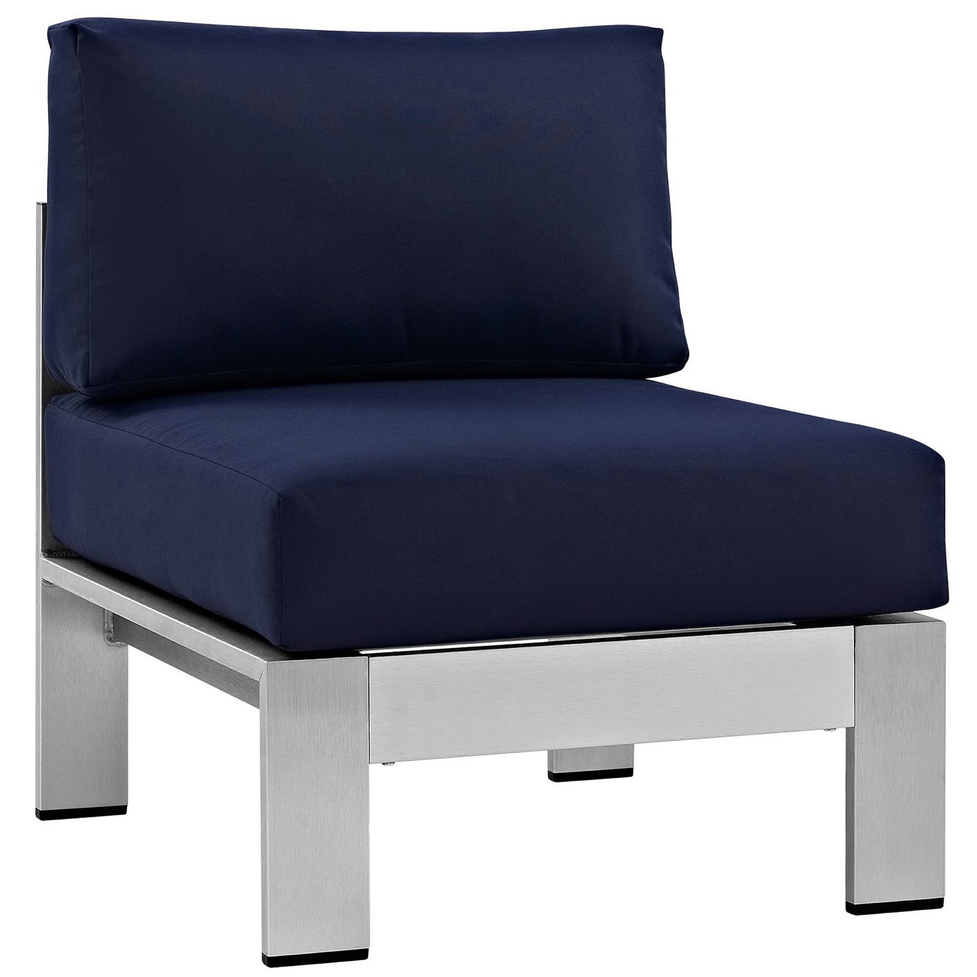 Outdoor aluminum 5-piece sectional sofa set with a silver frame and navy cushions, featuring square block legs.