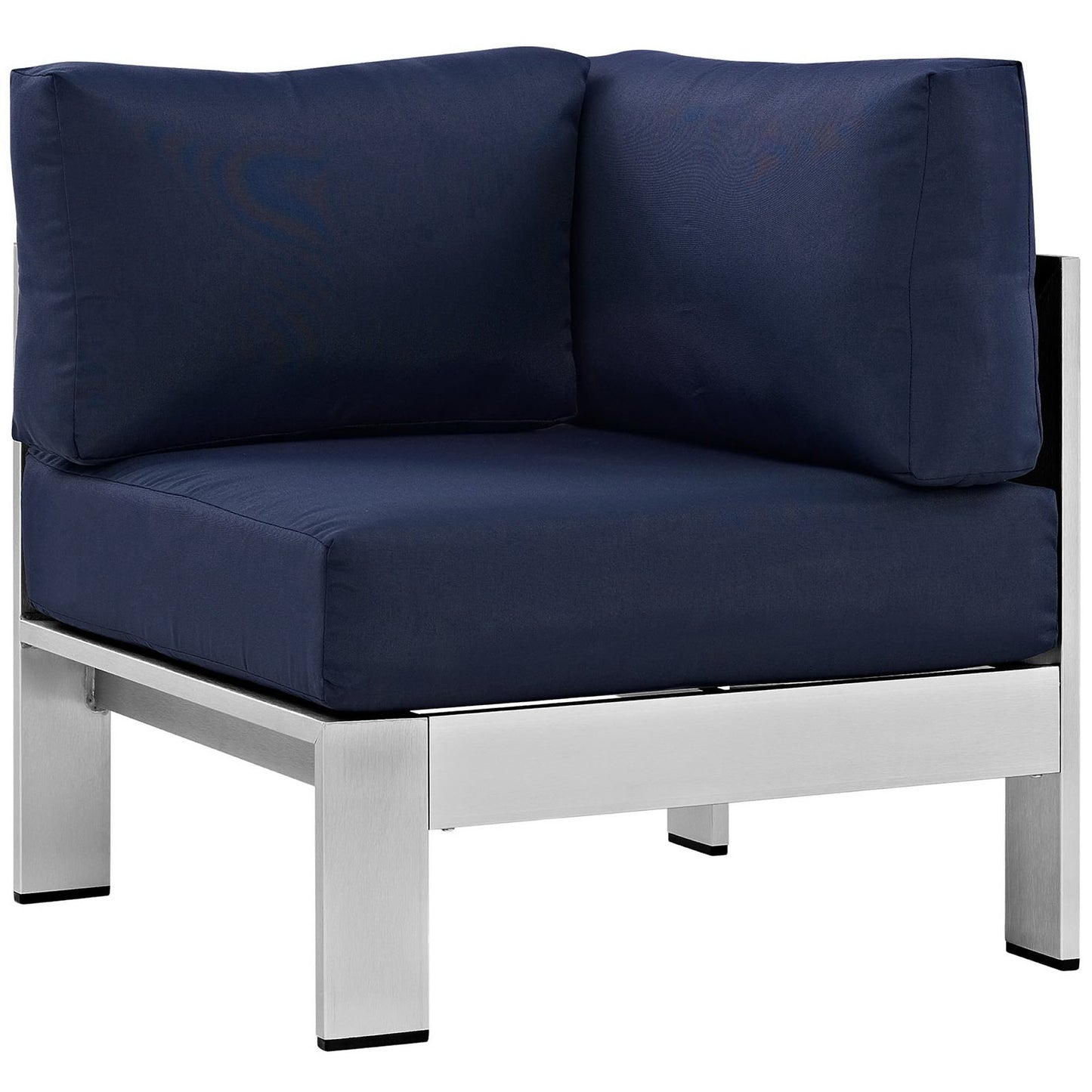 Silver outdoor aluminum 5-piece sectional sofa set with blue cushions and back pillows in a modern squared design.