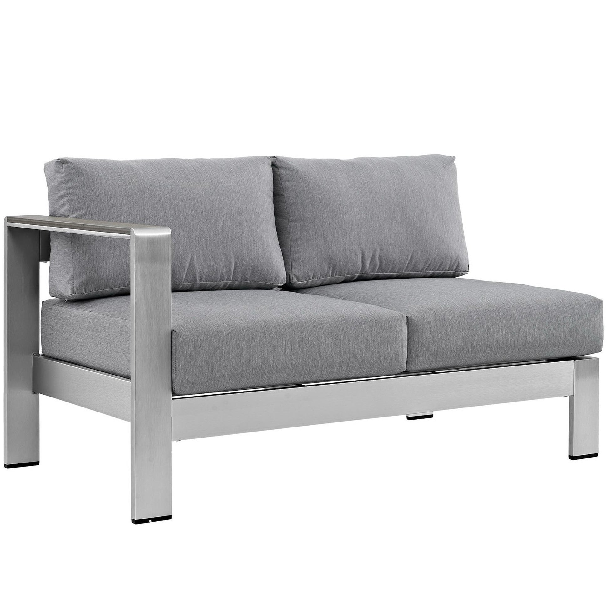 Silver-gray outdoor aluminum sectional sofa set with cushions.