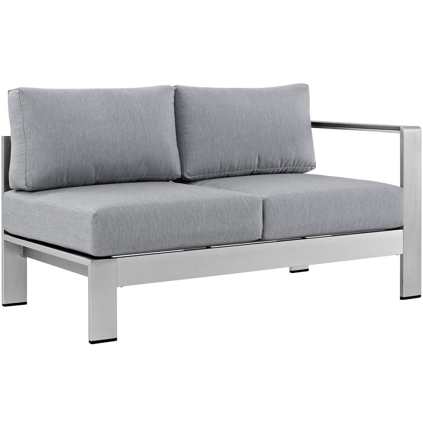 Slate gray cushioned outdoor sectional with a brushed aluminum frame; 4-piece patio sofa set.