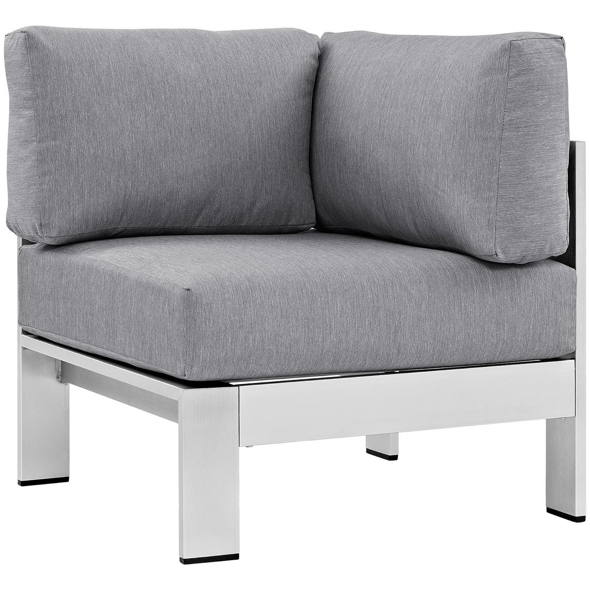 4-piece outdoor aluminum sectional sofa set with silver frames and thick gray cushions; modular pieces with square legs for outdoor use.
