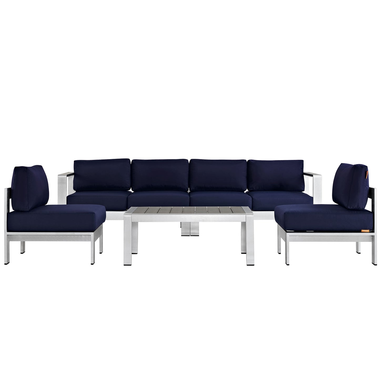 Outdoor modular sectional sofa set with navy cushions, silver aluminum frame, and a slatted rectangular coffee table.