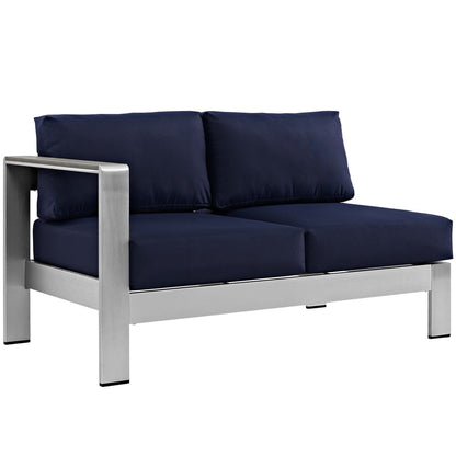 Outdoor 5-piece aluminum sectional sofa set with silver frame and navy cushions