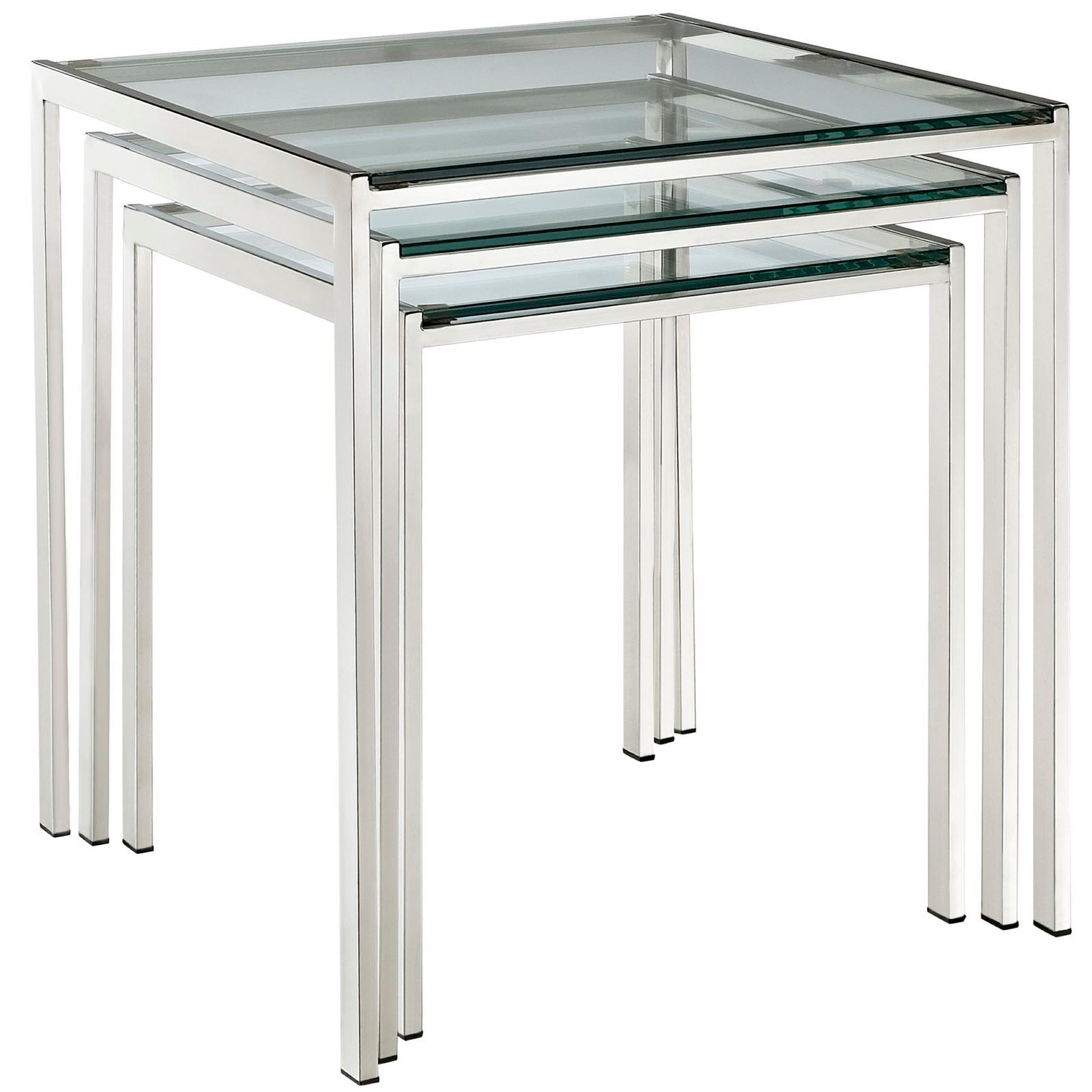 Set of three silver nesting tables with glass tops and square frames, modern minimalist style.