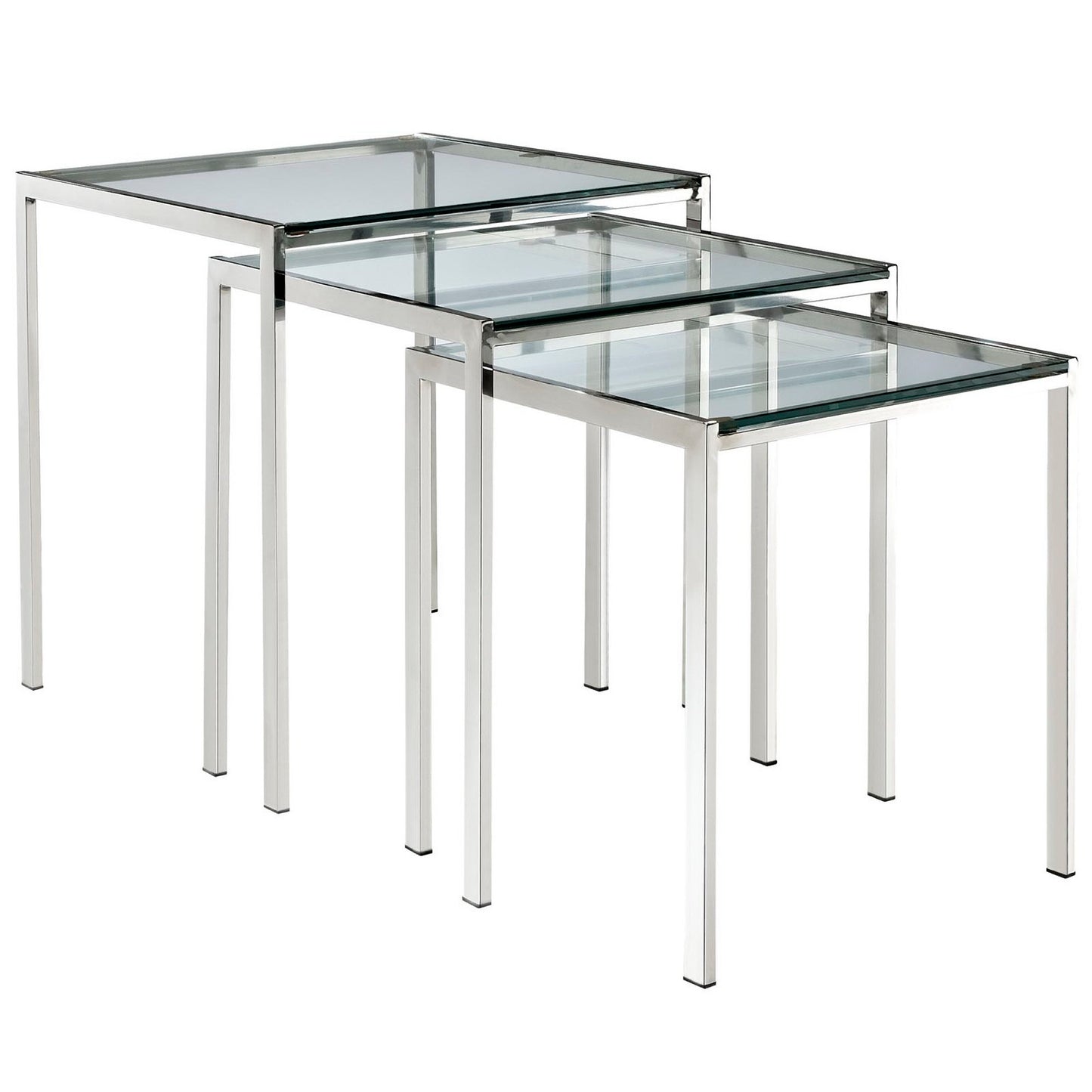 Three stepped rectangular glass-top nesting tables with chrome metal frames, modern minimalist style.