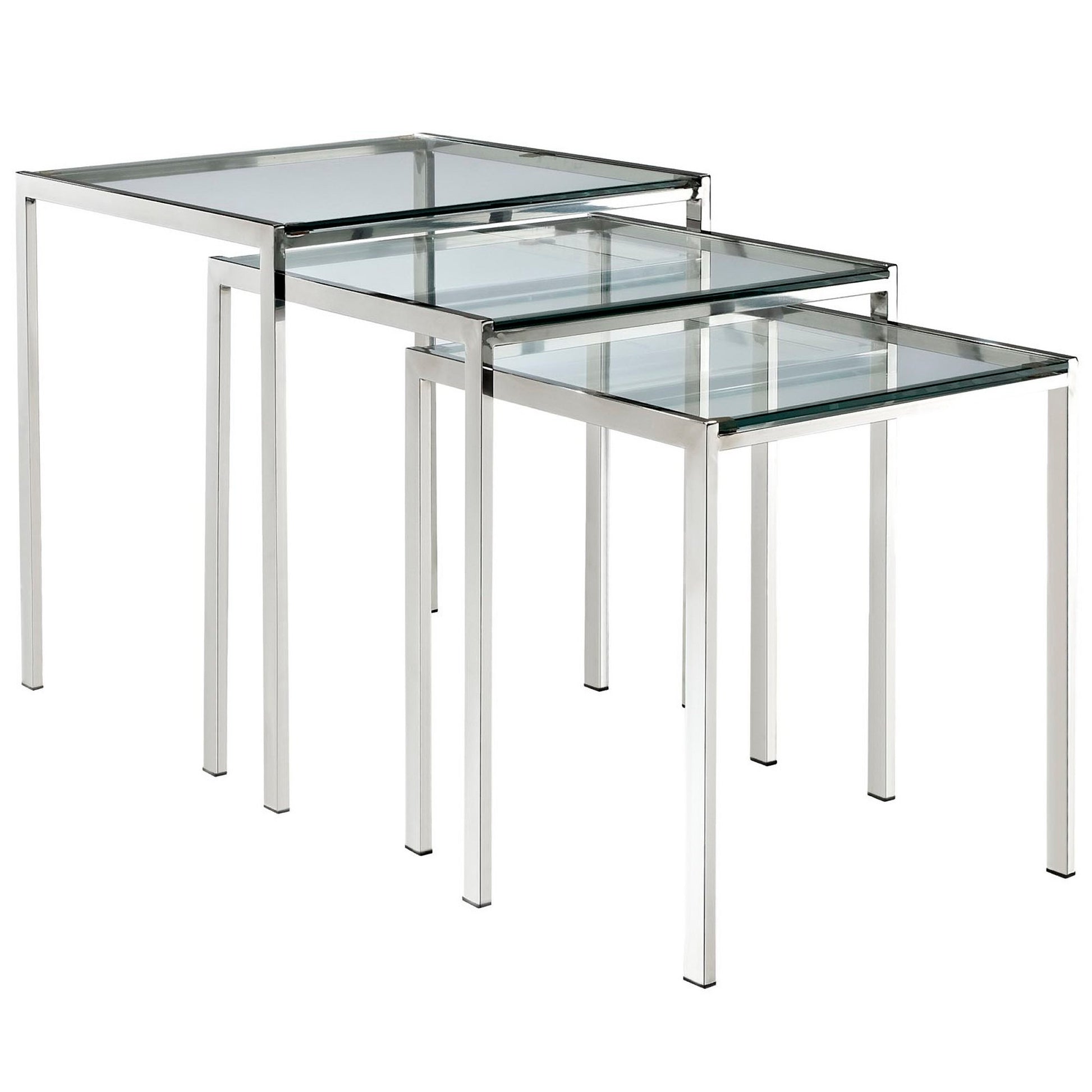 Three stepped rectangular glass-top nesting tables with chrome metal frames, modern minimalist style.