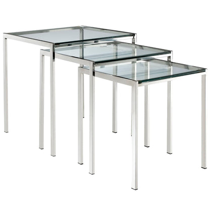 Three stepped rectangular glass-top nesting tables with chrome metal frames, modern minimalist style.