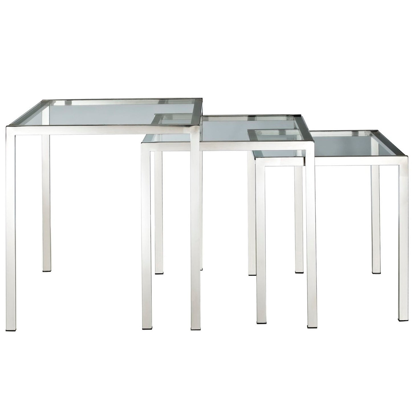 Three nesting tables with glass tops and chrome metal frames; rectangular, modern minimalist design.