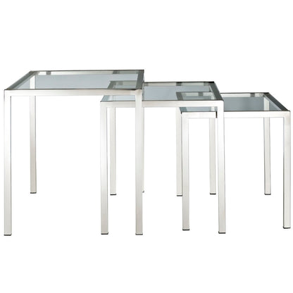Three nesting tables with glass tops and chrome metal frames; rectangular, modern minimalist design.