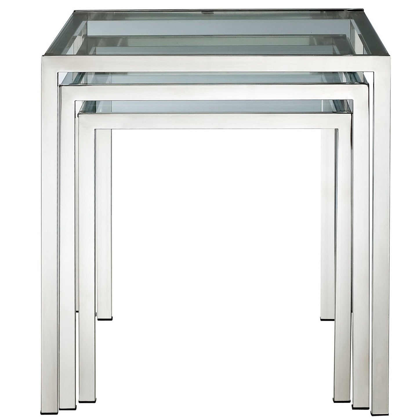 Set of four nested square chrome end tables with glass tops, modern geometric design.