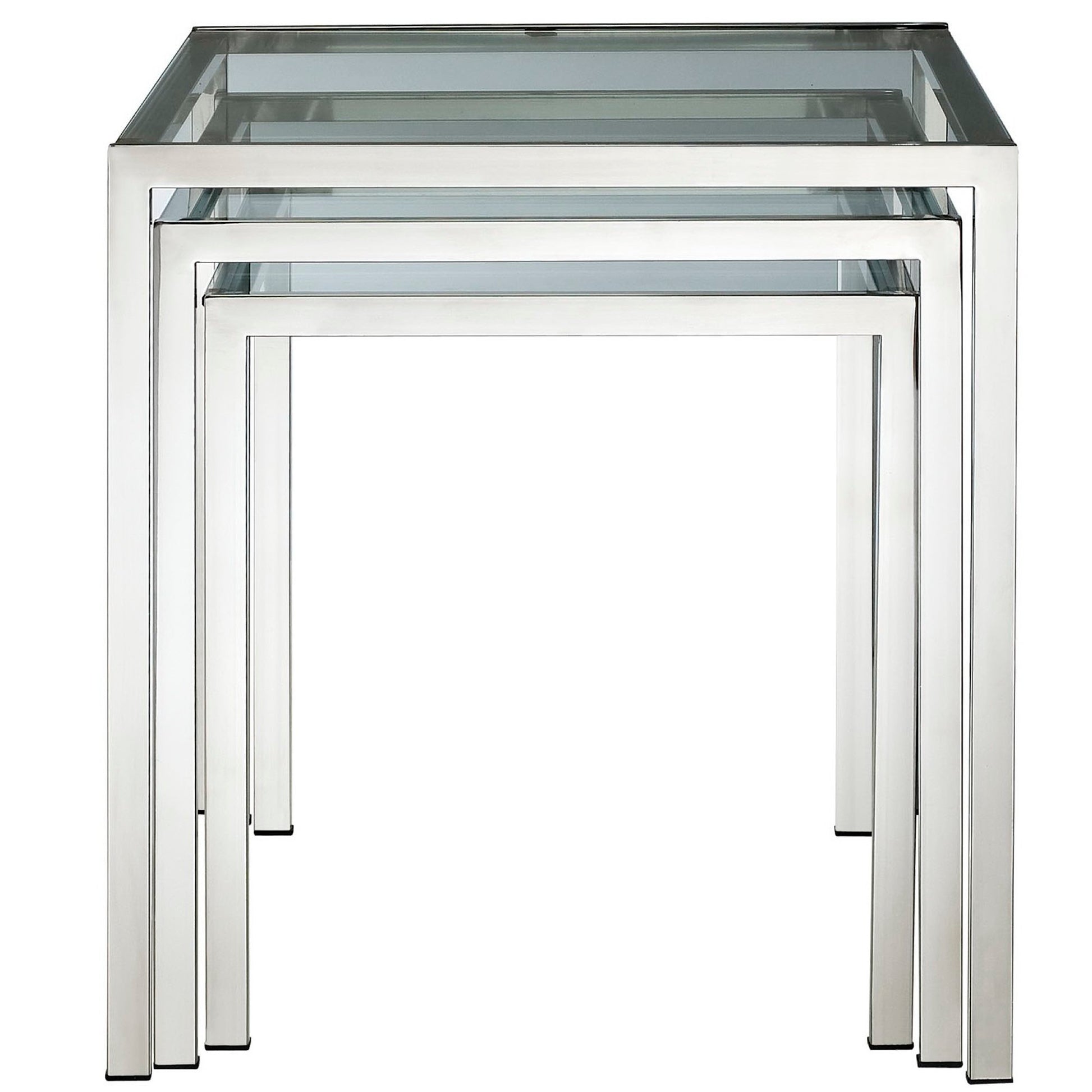 Set of four nested square chrome end tables with glass tops, modern geometric design.