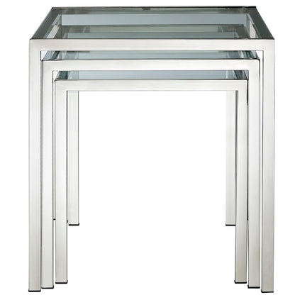 Set of four nested square chrome end tables with glass tops, modern geometric design.