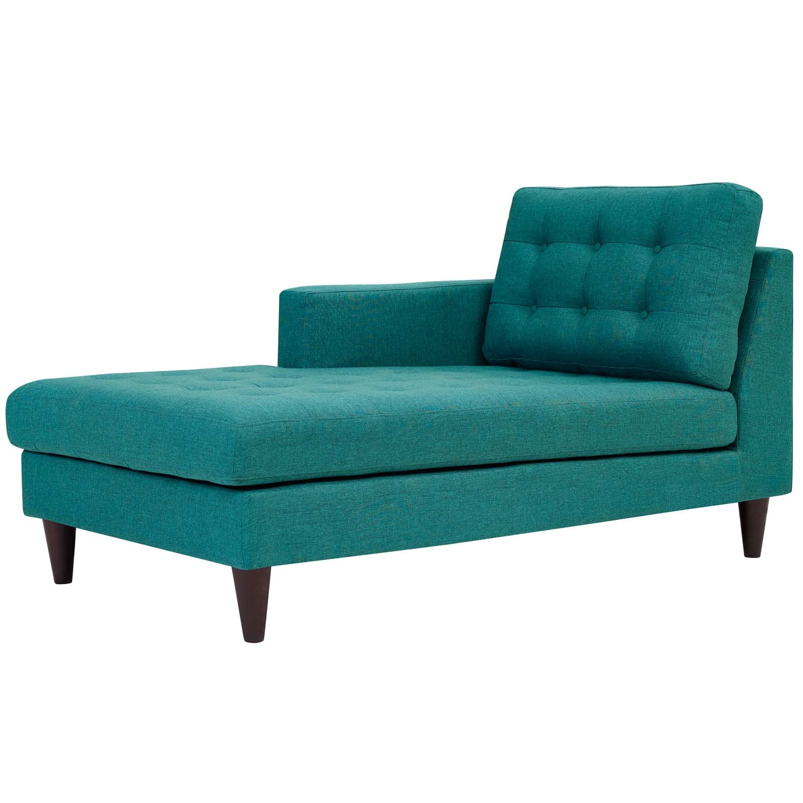 Teal fabric left-arm upholstered chaise with tufted back cushion and seat, dark tapered legs, mid-century modern style.