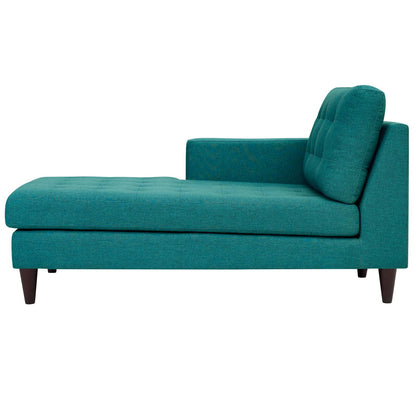 Teal fabric chaise lounge with tufted back cushion, left armrest, and dark tapered wooden legs.