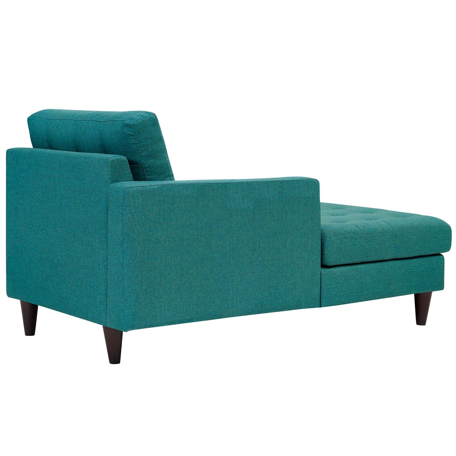 Teal fabric chaise with left-arm design, tufted back cushion and dark tapered legs.