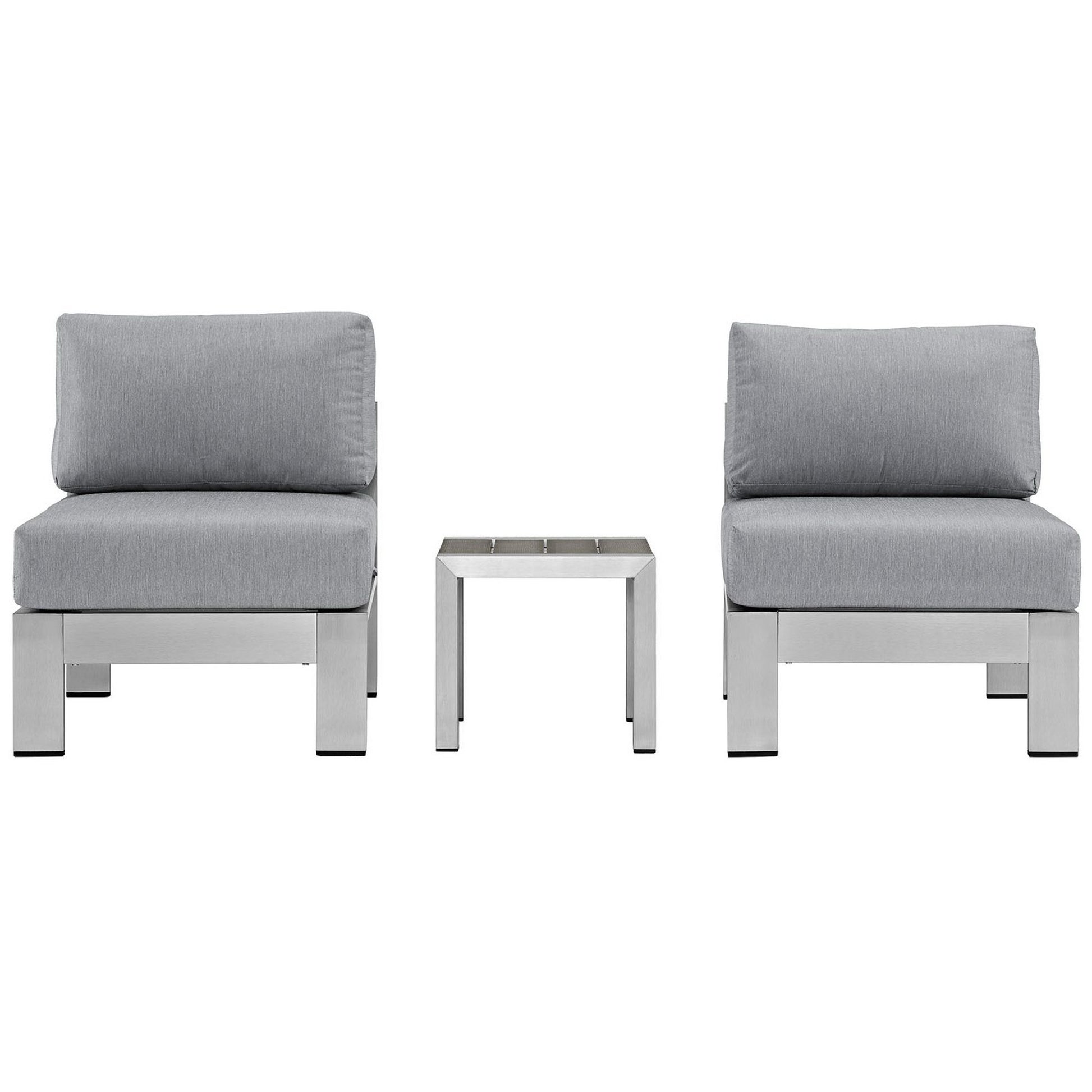 Three-piece outdoor aluminum sectional sofa set with grey cushions and metal frames, shown with a small square metal side table.