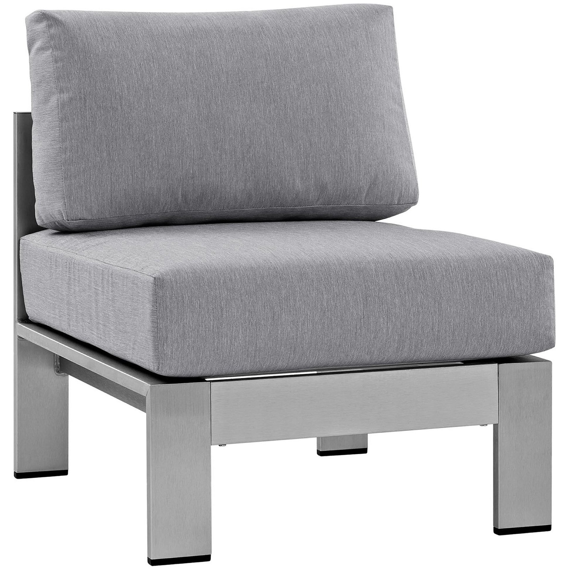 Gray cushions on a silver aluminum outdoor sectional sofa set (3-piece) for the patio.