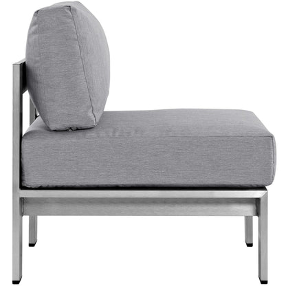 Slate gray fabric cushions on an aluminum frame; outdoor 3-piece sectional sofa set.