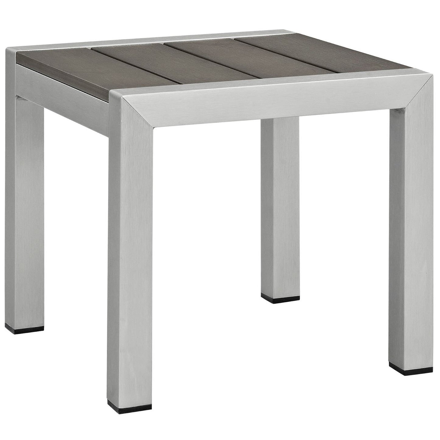 Silver-gray aluminum outdoor sectional sofa set with square legs and cushioned seating; three-piece.